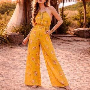 FREE PEOPLE Boho Floral Halter Jumpsuit Yellow XS Flowy Wide Leg